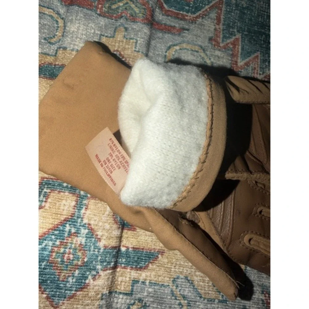 Vintage Sheer Energy Tan Nylon Spandex‎ Gloves Brown Leather Palm Lined One Size